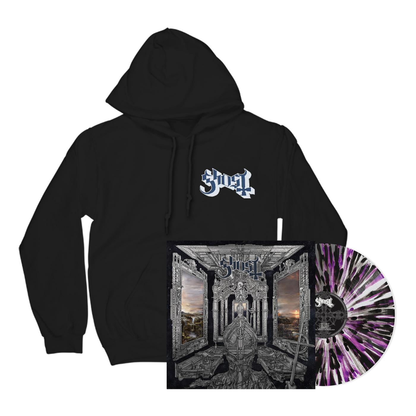 GHOST - Skeletá Hoodie  + Purple / Black Splatter LP