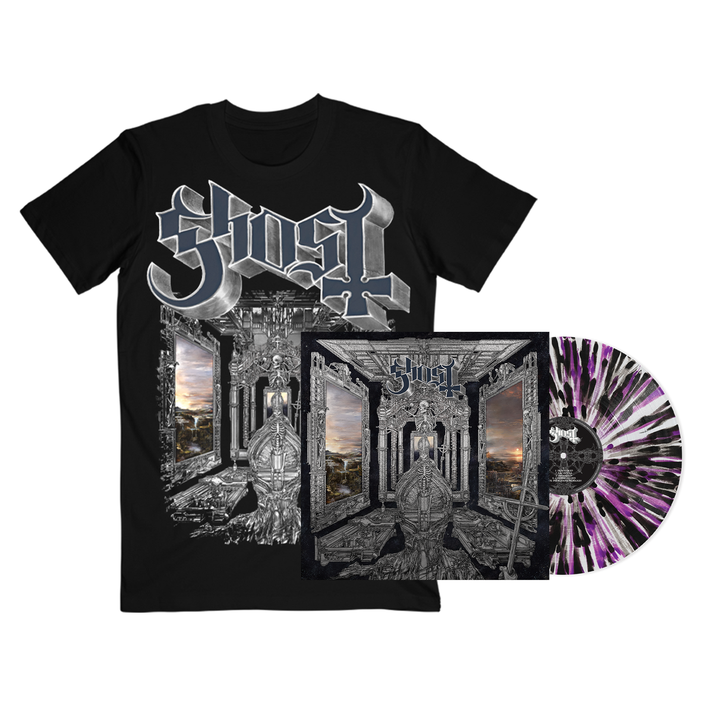 GHOST - Skeletá T-Shirt  + Purple / Black Splatter LP