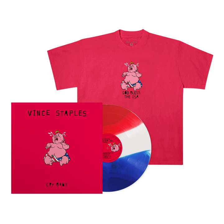 Vince Staples - AUTOGRAPHED - Cry Baby Red T-Shirt and "Tri-Colored" LP Bundle